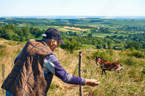 Wallpaper Mural An elderly farmer tending to a fence in a scenic rural landscape with fields and hills in the background Torontodigital.ca