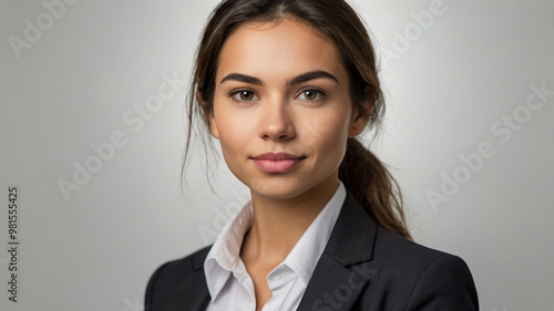 Portrait of happy business woman at workplace in office. Young beautiful female worker.