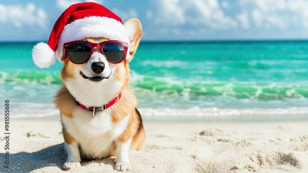 A cheerful corgi dog sits on the sandy beach wearing sunglasses and a festive Santa hat, soaking up the sun by the sea on Christmas vacation