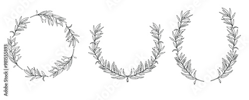 Set of Olive Wreaths. Hand drawn ink Vector isolated Botanical illustration. Can be used for cards, emblem, logos and food design.