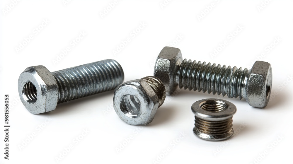 A close-up shot of metal screws, a bolt, and nuts against a white background. A close-up shot of metal screws, a bolt, and nuts against a white background.