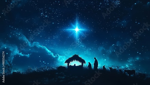Silhouetted figures gather around a humble nativity scene beneath a brilliant star, set against a tranquil night sky filled with stars.
