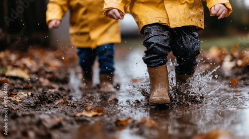 An image of two children in bright yellow raincoats splashing through muddy water, showcasing a fun outdoor adventure on a rainy day.