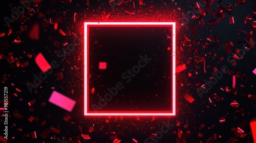 Black Friday web marketing Banner. Square rectangle picture frame with red neon color motion graphic on isolated black background with confetti. red light moving for overlay element. Generative ai photo