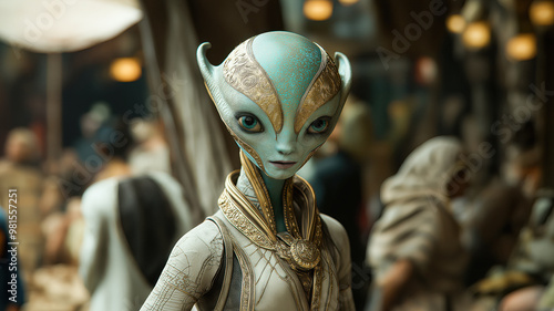 A with turquoise skin and gold details in a flowing cosmic gown cute alien character (Aa5) photo