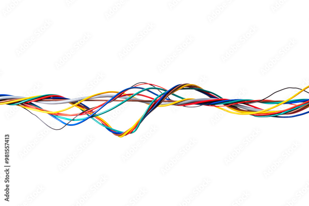 Twisted bundle of colorful electrical wires isolated on white background Twisted bundle of colorful electrical wires isolated on white background