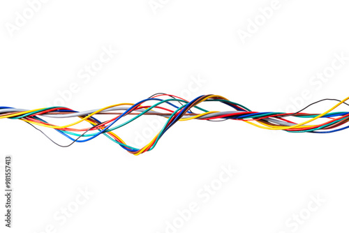 Fotografia Twisted bundle of colorful electrical wires isolated on white background