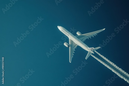 Low-angle photograph of a white airplane flying in the sky Generative AI