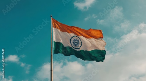 The Indian flag is proudly flying high against a backdrop of a partly cloudy sky, representing national pride and sovereignty, with its distinct saffron, white, and green colors. photo