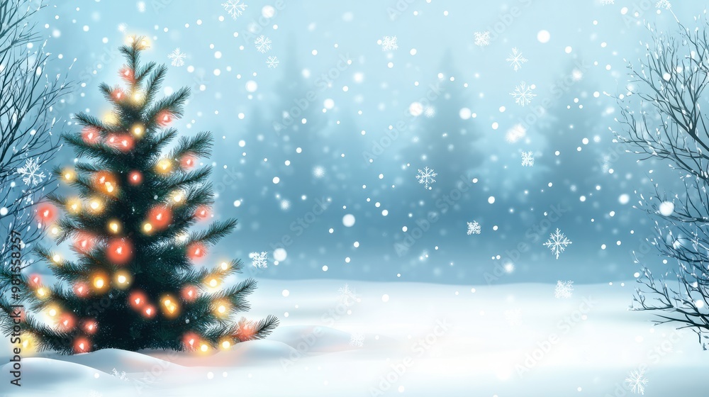 Christmas tree and christmas lights on abstract snowy landscape background, xmas background concept with advertising space transparent background Christmas tree and christmas lights on abstract snowy landscape background, xmas background concept with advertising space transparent background