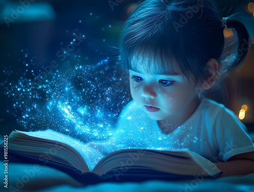 Little girl reading a magical glowing book with sparkles photo