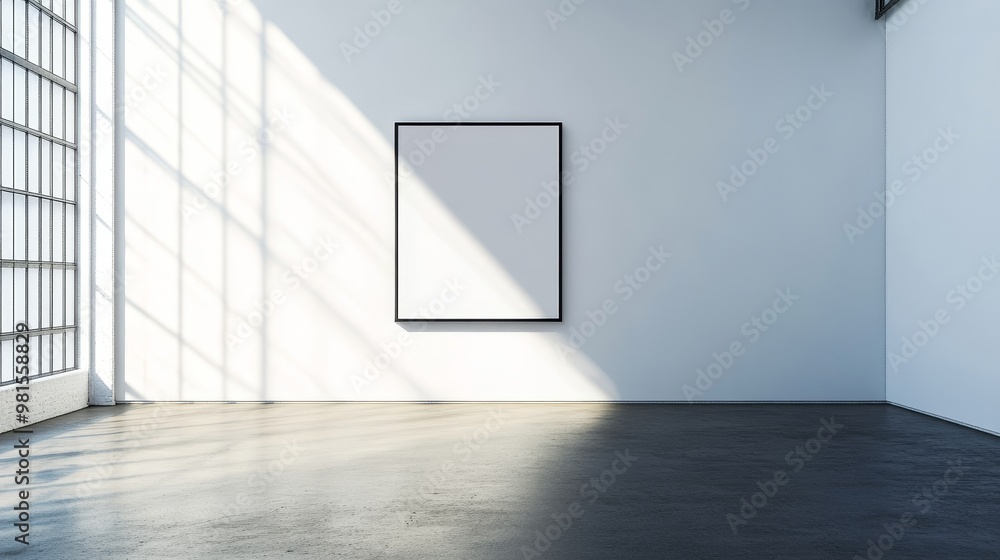 Empty Gallery Room with Sunbeams and a Blank Frame, Interior Design, Minimalism, Modern Art, Blank Canvas Empty Gallery Room with Sunbeams and a Blank Frame, Interior Design, Minimalism, Modern Art, Blank Canvas