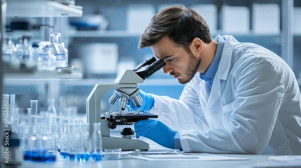 Focused Scientist Examining Sample Under Microscope in a Laboratory Setting, science , microscope , research Focused Scientist Examining Sample Under Microscope in a Laboratory Setting, science , microscope , research