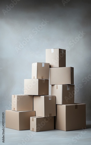 Stack of cardboard boxes in front of gray textured wall photo