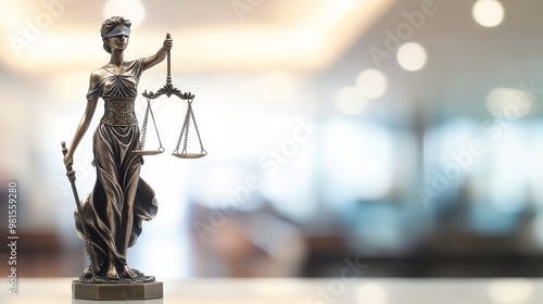 Lady Justice Figurine with Scales and Sword in a Blurred Office Background, justice , law , lawyer photo