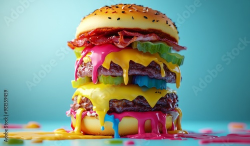 Vibrant Dripping Cheeseburger With Multicolored Sauces and Toppings photo