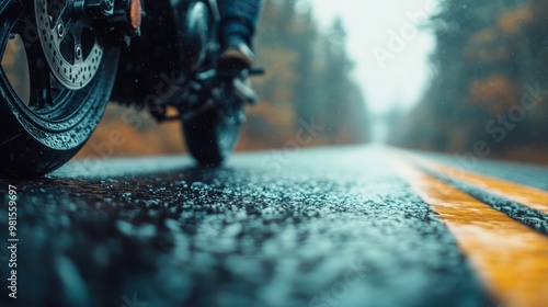 A close-up photograph of a motorcycle tire on a wet, rain-soaked road with an autumn backdrop, showcasing the blend of nature and mechanics in a dynamic setting. photo