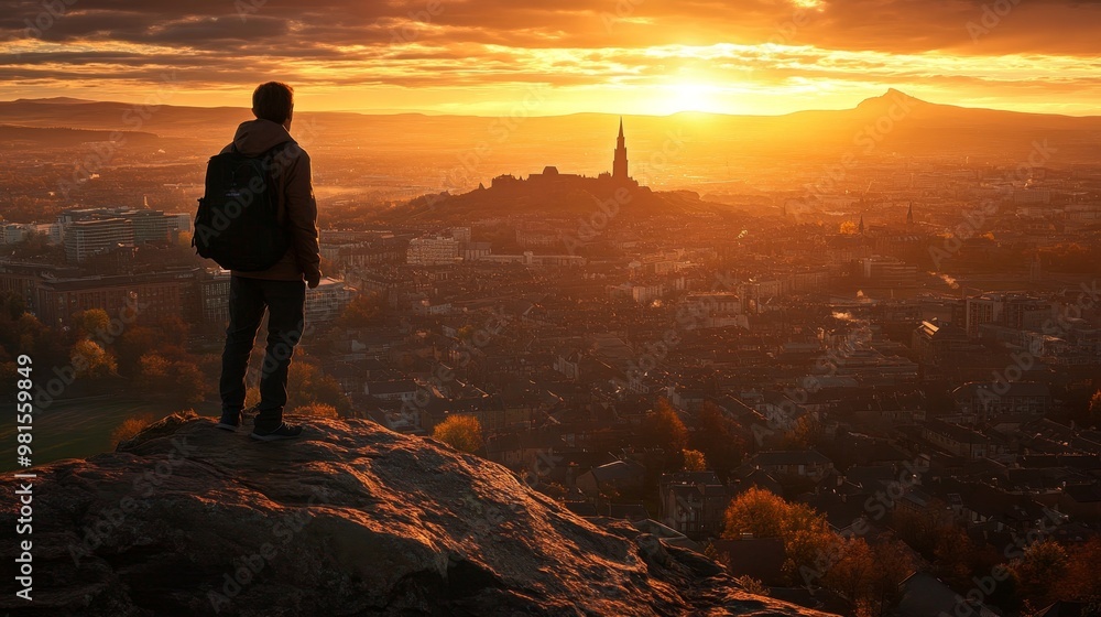 Silhouette of a Man Standing on a Clifftop, Overlooking a City at Sunset, Composition Landscape, Image Details Golden Hour, Concept Solitude and Urban Exploration, Sunset, Cityscape Silhouette of a Man Standing on a Clifftop, Overlooking a City at Sunset, Composition Landscape, Image Details Golden Hour, Concept Solitude and Urban Exploration, Sunset, Cityscape