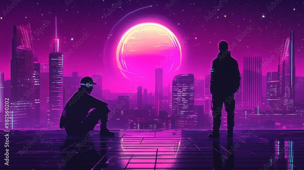 Fototapeta premium Two Silhouettes Gazing at a Giant Pink Moon Over a Neon Cityscape, Digital Painting, Futuristic City, Cyberpunk, Neon Lights