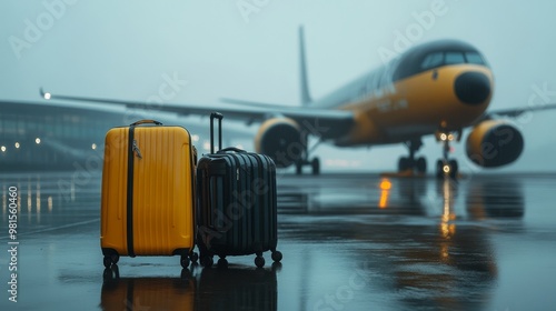 Yellow and Black Suitcases on Wet Runway with Blurred Airplane in Background, travel , luggage, airport