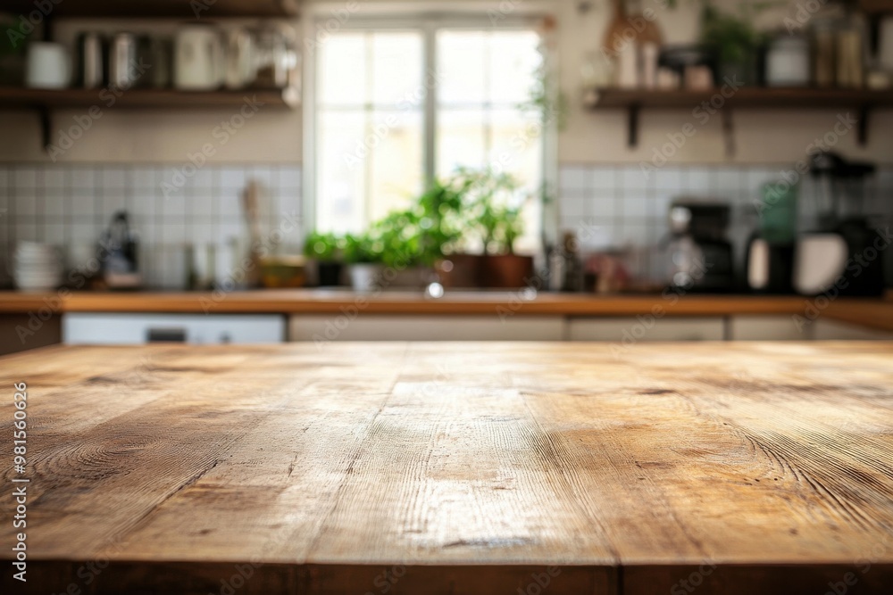 Unoccupied wooden table creating area for objects. Gently softened, brightly illuminated kitchen backdrop scene Unoccupied wooden table creating area for objects. Gently softened, brightly illuminated kitchen backdrop scene