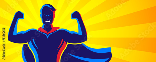 A superhero stands proudly with fists clenched and a cape blowing in the wind, against a shiny yellow background in flat style.