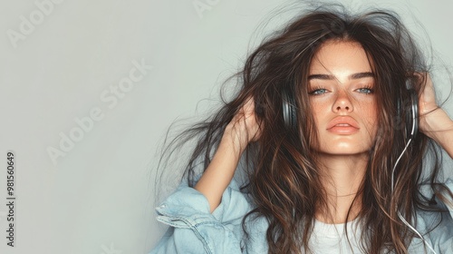 A young woman with tousled hair wears headphones, embodying relaxation and a carefree vibe against a neutral backdrop, capturing modern youth culture. photo