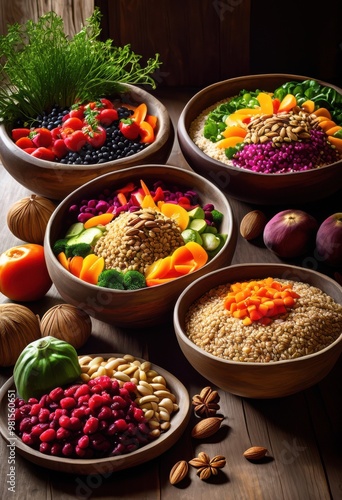 colorful plant based meal display featuring fresh nuts promoting healthy eating habits, arrangement, vibrant, vegetables, fruits, grains, nutrition, food