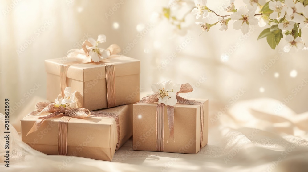 Natural beige gift boxes wrapped in brown paper and ribbons with flowers and natural sunlight transparent background Natural beige gift boxes wrapped in brown paper and ribbons with flowers and natural sunlight transparent background