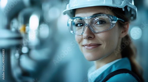 A poised female engineer showcases professionalism by wearing safety equipment and standing in a detailed industrial environment, highlighting focus and expertise.