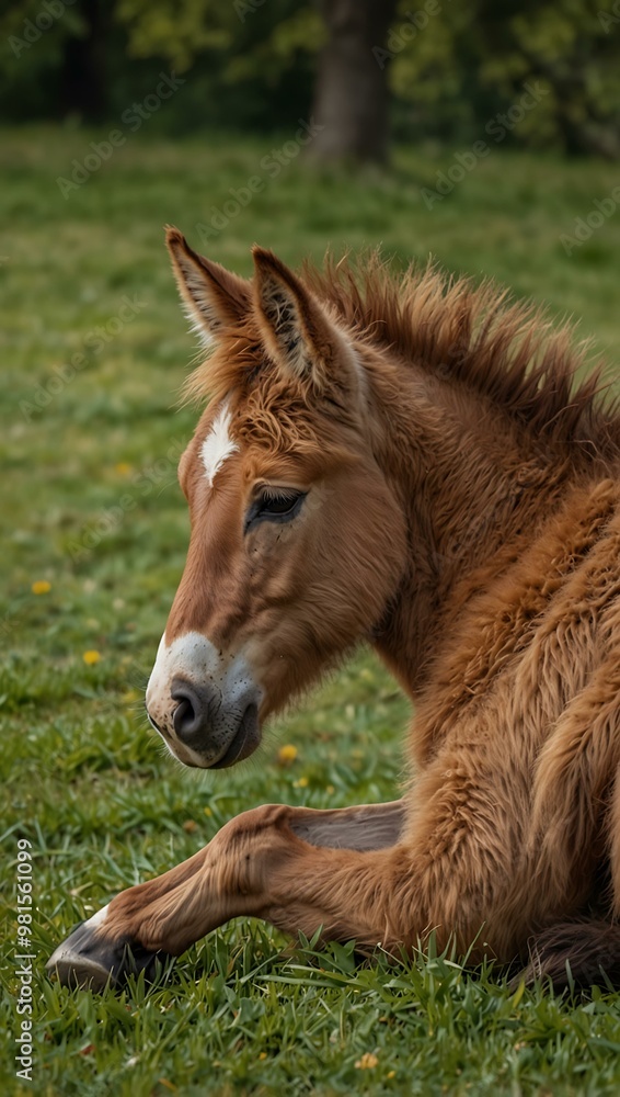 Sweet chestnut foal sleeping on a lawn in spring. Sweet chestnut foal sleeping on a lawn in spring.