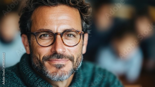 A confident man wearing glasses is the focal point with a blurred background, symbolizing clarity of thought, wisdom, and the portrayal of a modern thinker.