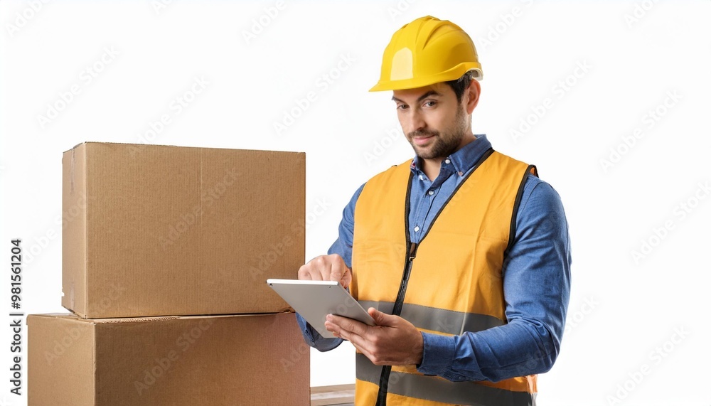 Logistics Manager Reviewing Inventory on Tablet Isolated on White Background, Clipping Path, Full Depth of Field Logistics Manager Reviewing Inventory on Tablet Isolated on White Background, Clipping Path, Full Depth of Field