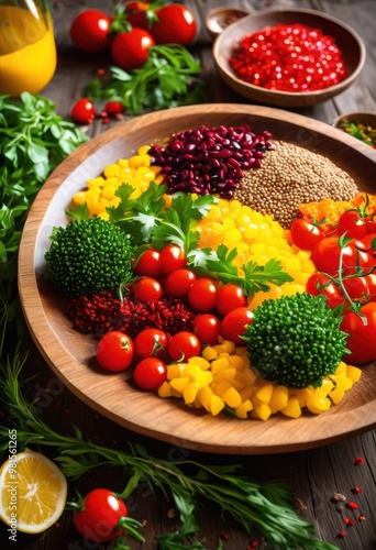 colorful plant based dish showcased natural organic surface highlighting fresh ingredients vibrant textures, appetizing, artistic, bountiful, colors photo