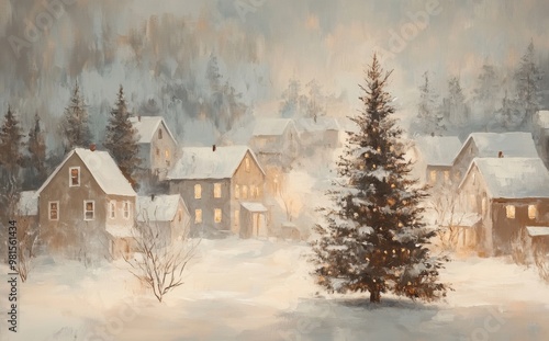 Christmas in a Misty Winter Wonderland: Snow-Covered Homes and a Decorated Tree in a Serene Setting