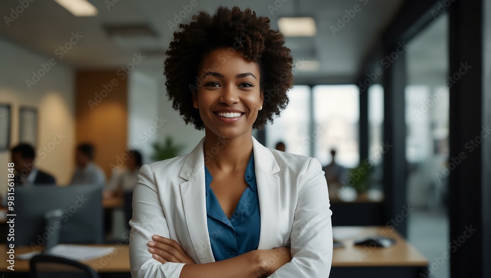 Smiling black woman with arms crossed in an office for corporate pride Smiling black woman with arms crossed in an office for corporate pride