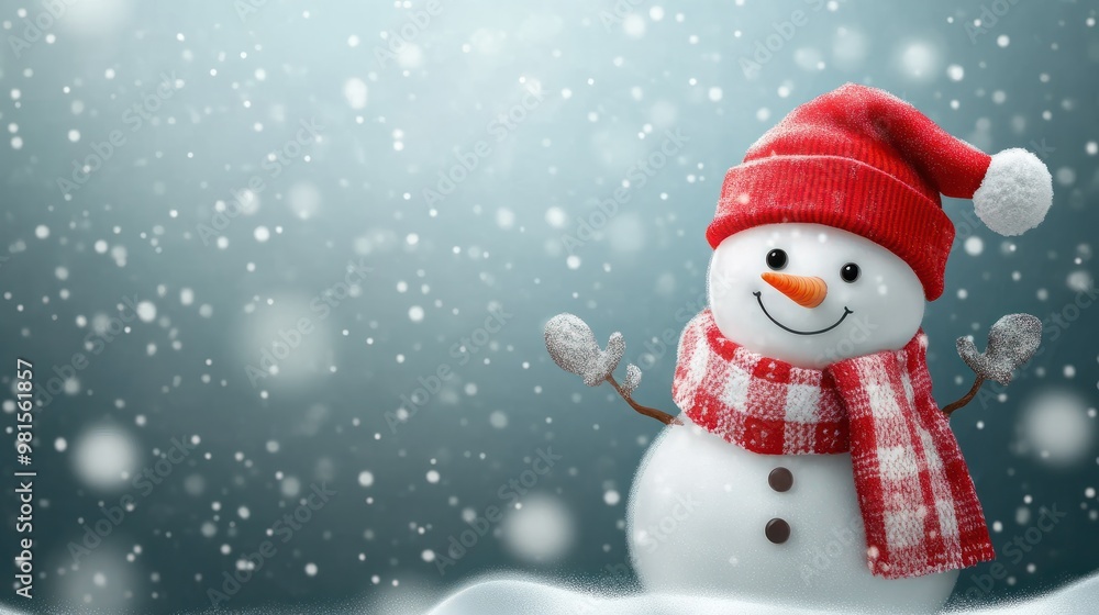 Fototapeta premium Weihnachtsbanner, Schneemann mit rotem Schal und Mütze auf türkisfarbenen Hintergrund mit Platz für Text transparent background