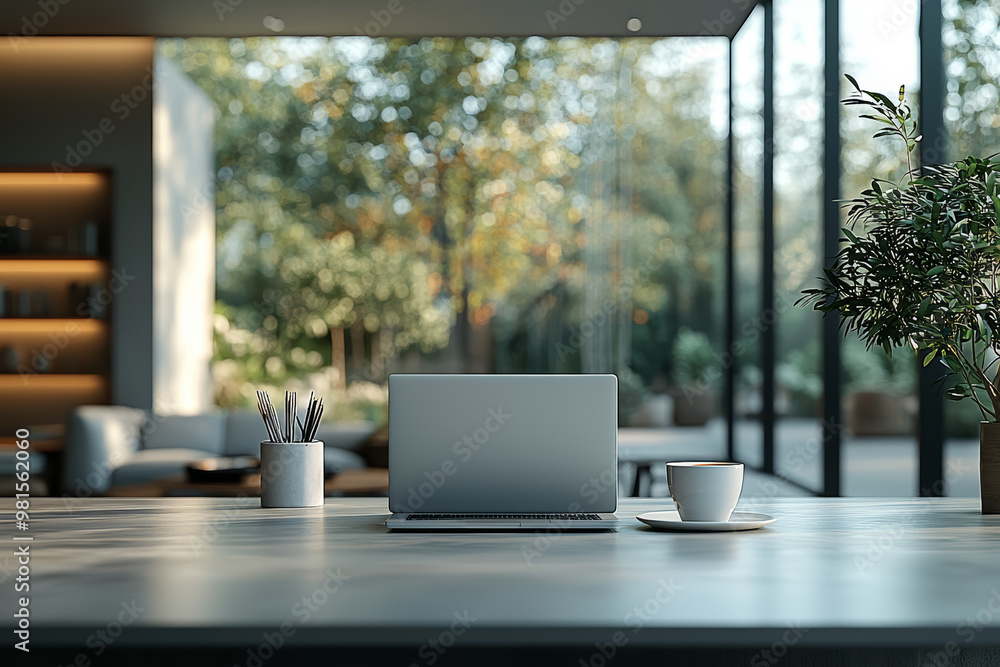 A sleek, modern office desk with only a laptop and a single coffee cup, emphasizing simplicity and efficiency in the business environment. A sleek, modern office desk with only a laptop and a single coffee cup, emphasizing simplicity and efficiency in the business environment.