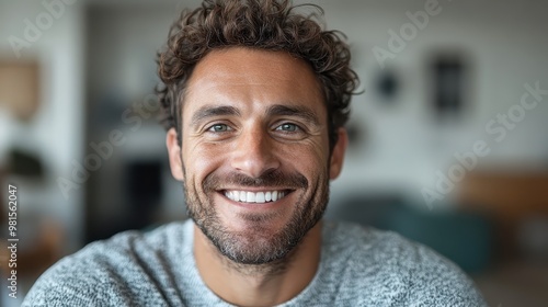 A man with a beard and curly hair smiling broadly, exuding a sense of joy and contentment, captured in a bright, cozy living room environment. photo