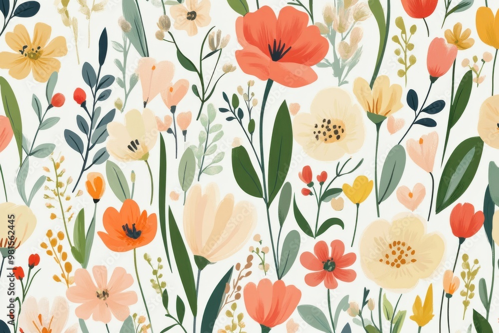 Spring blossom artwork. Repeating horizontal flower arrangement. Nature-inspired design for easter events, country home decor, decorative wall pieces, and fabric applications Spring blossom artwork. Repeating horizontal flower arrangement. Nature-inspired design for easter events, country home decor, decorative wall pieces, and fabric applications