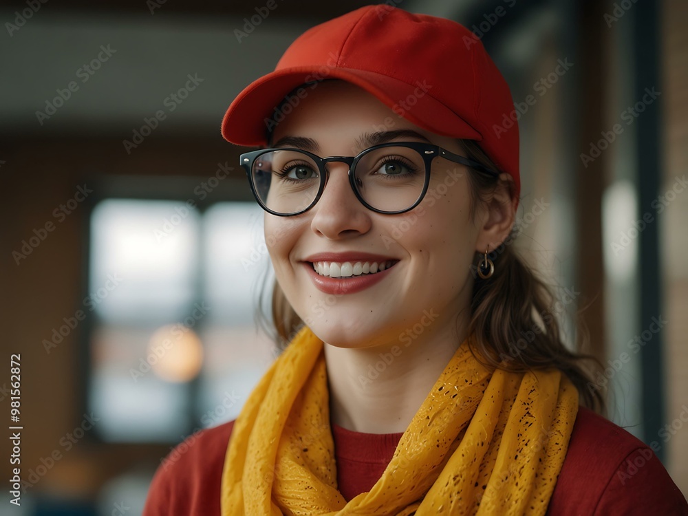 Smiling woman in glasses and a red hat, wearing a yellow scarf. Smiling woman in glasses and a red hat, wearing a yellow scarf.