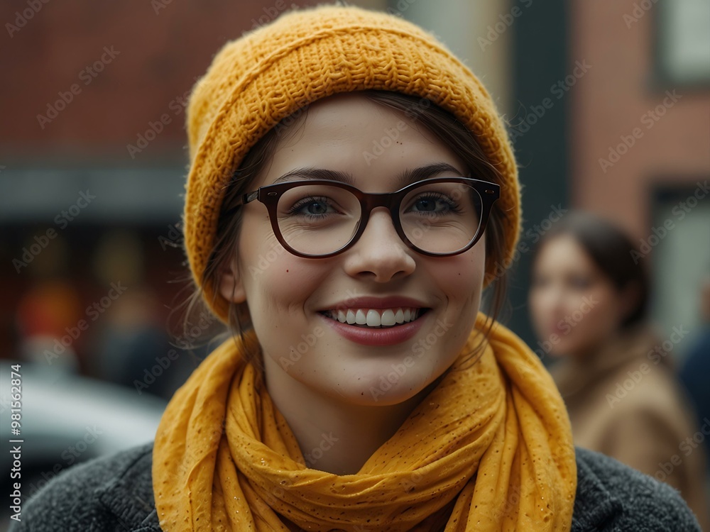 Smiling woman in glasses and a red hat, wearing a yellow scarf. Smiling woman in glasses and a red hat, wearing a yellow scarf.