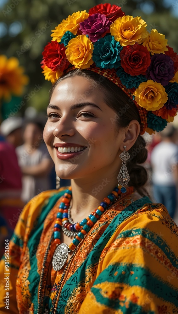 Smiling woman in traditional attire celebrating at a vibrant Mexican festival. Smiling woman in traditional attire celebrating at a vibrant Mexican festival.