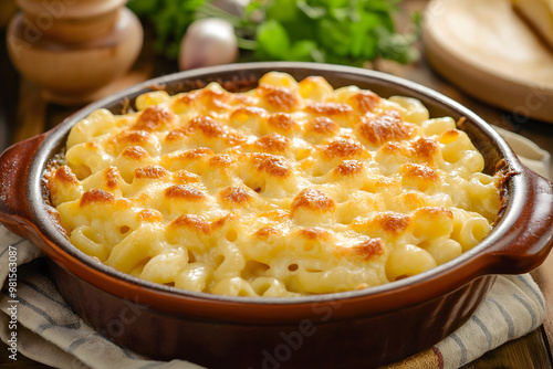 A creamy, indulgent mac and cheese featuring tender elbow pasta coated in a luscious, velvety cheese sauce photo