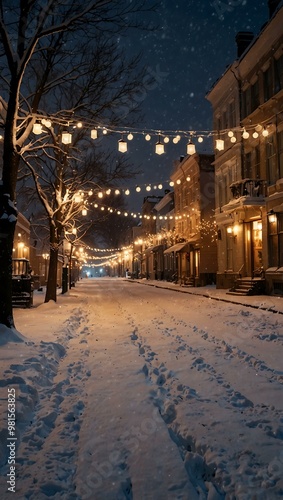 Snowy streets and festive lights in a serene winter evening.