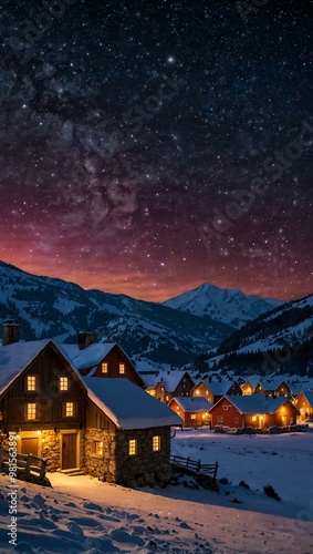 Snowy village illuminated by colorful lights and starry skies.