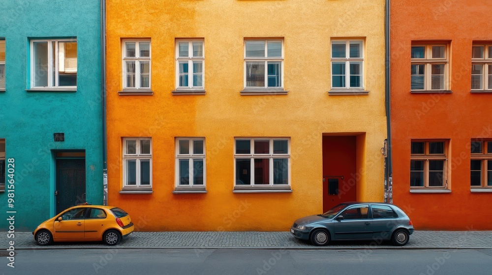 Colorful Facade with Cars Parked on Street - Vibrant Urban Architecture and Minimalist Cityscape Colorful Facade with Cars Parked on Street - Vibrant Urban Architecture and Minimalist Cityscape