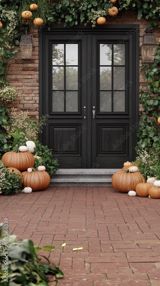 Fototapeta premium A charming entryway features a pair of black wooden doors surrounded by festive Halloween decorations, including stacked pumpkins and colorful autumn leaves