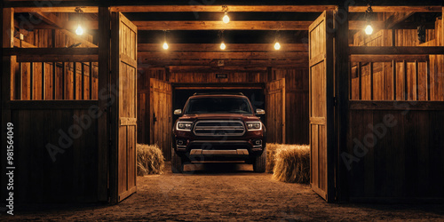 Modern suv parked inside rustic wooden barn at night