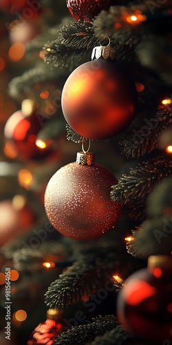 Close-up of Christmas tree with red and gold ornaments, festive lights photo